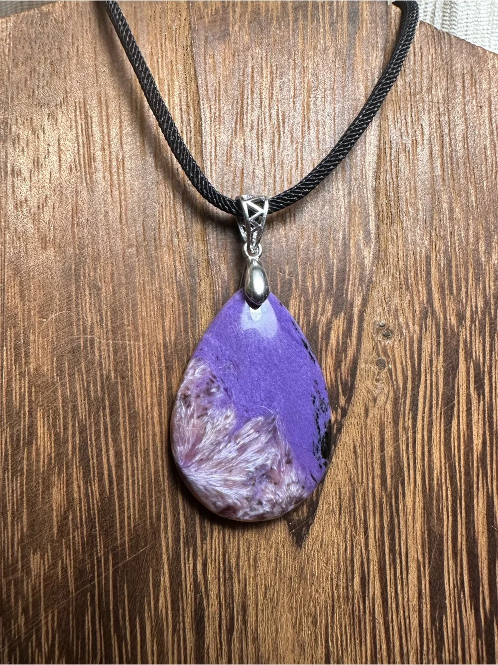 Charoite Teardrop Necklace on Sterling Silver Bail and Black Rope